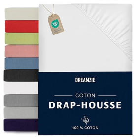 Dreamzie - Drap Housse 140x190/200 - Blanc - 100% Jersey Coton Certifié Oeko Tex - Drap-Housse 140x190/200