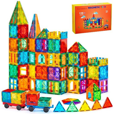 Gemmicc Tuiles Magnétiques, Set Deluxe 136 Pièces de Construction Magnétique pour Enfants, Blocs Magnétiques 3D pour Garçons et