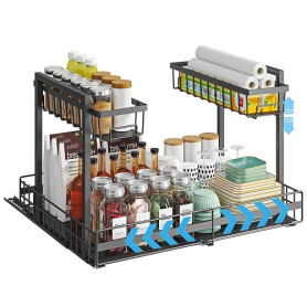 YunNasi 2 Étage Rangement Sous Evier Cuisine Coulissant, Noir | Organisateur Sous Évier pour Salle de Bain, Armoire, Placard, Ra