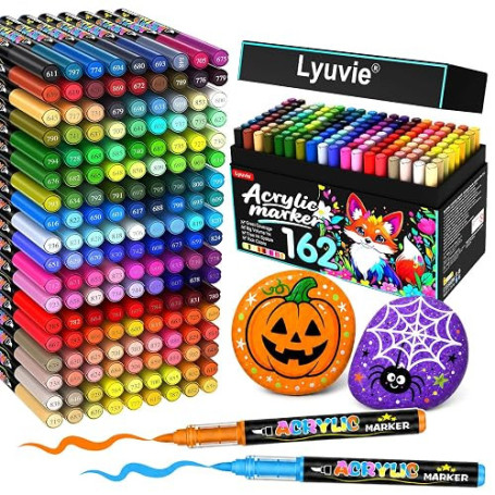 Lyuvie 162 Couleurs Feutre Acrylique, Acrylic Paint Brush Marker à Peinture à Base D'eau, Marqueur Peinture Acrylique pour Pierr