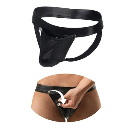 ohyeahlady Jockstrap Homme Cuir PU Ouvert Devant Grande Taille | String Ficelle Ouvert Bretelle, Slip Chic Poche Ouverable,Tanga