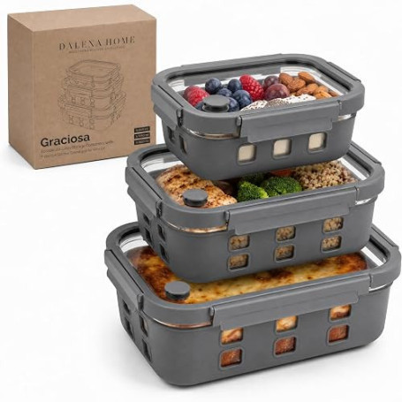 Dalena Home Meal Prep Boîtes Set 1x640ml, 1x 1050ml, 1x1520ml – Verre borosilicate, hermétique, empilable, micro-ondes avec valv