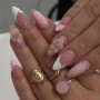 Auroriel 24 pièces ongles pressés moyen amande French tip rose perles dorées paillettes fleurs 3D gel faux ongles réutilisables