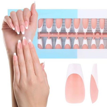 JSRQT 240 Pièces Faux Ongles en Gel Français, Long Cercueil Faux ongles à Pointe Française Press on Nails, Faux Ongles Artificie