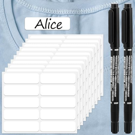 100 pièces d'étiquettes pour vêtements sans repassage, étanches, autocollantes, en tissu pour vêtements, avec 2 stylos-marqueurs