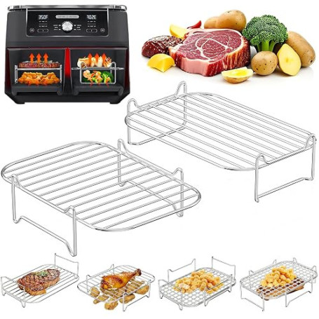 PETHREE Grille Air Fryer Stackable, 2 Pcs Accessoires Air Fryer Chaud Dual Zone, Accessoires pour Friteuse à air En Acier Inoxyd