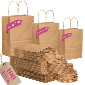 Gcardist Lot de 100 sacs en papier brun avec poignées, différentes tailles (grandes, 33 unités, moyennes, 33 unités, petites, 34