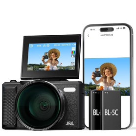 Appareil Photo Numérique 5K 80MP avec WiFi & Autofocus, Caméra Vlogging Youtube, Écran 3" 180° Rabattable, Zoom 18X, Compact Voy