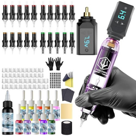 Kit de Machine à Tatouer Rotative Sans Fil POSEIDON avec 20 Cartouches d'Aiguilles,Encres & 2 Batteries Rechargeables | Pistolet