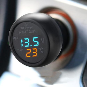 Voltmètre thermomètre de voiture 3 en 1, thermomètre voltmètre numérique à LED, chargeur de voiture USB, affichage de tension 12