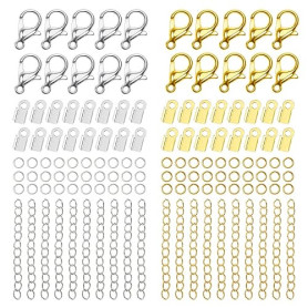 TOAOB 360pcs Kit de Pince de Homard Fermoir 12x6mm et Anneaux de Saut Ouverts 5mm en Métal Argent et Or Extension Chaîne Boucle