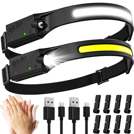 Aaizplz 2 Pièces Lampe Frontale LED Ultra Puissante,2000 Lumens 5 Modes Lampe Frontale Rechargeable,Capteur De Mouvement USB IPX