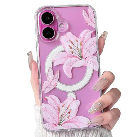 NITITOP Magnétique Coque pour iPhone 16 Fleur de Lys, Rose | avec Motif Floral et Papillon, pour Femme Fille, Compatible avec Ma