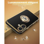 XYZ Coque pour iPhone 16 avec Cordon, Noir | Double Anneau de Support Cœur, pour Filles et Femmes, Coque de Protection de Luxe M