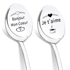 DIKARIYA Cadeau Anniversaire Couple, Cuillère à Café Bonjour Cœur Je t'aime | Bonjour Mon Cœur Cadeaux Baptême pour Femme et Hom