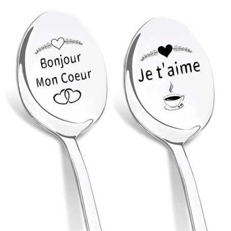 DIKARIYA Cadeau Anniversaire Couple, Cuillère à Café Bonjour Cœur Je t'aime | Bonjour Mon Cœur Cadeaux Baptême pour Femme et Hom