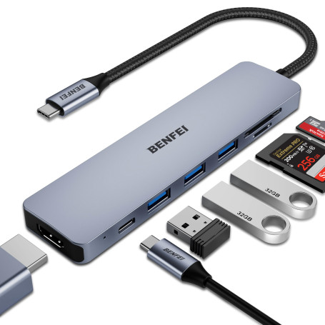 BENFEI Hub USB C 7 en 1, Adaptateur multiport USB-C, avec HDMI (certifié 4K @ 60Hz), Alimentation 100 W, 3 Ports USB 3.0 5 Gbps/