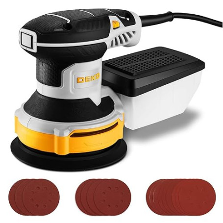 DEKOPRO 300W Ponceuse Orbitale Excentrique, 6 Vitesses, 14000RPM, Papier Abrasif 16 Pièces, Patin de Ponçage 125mm, Collecteur d
