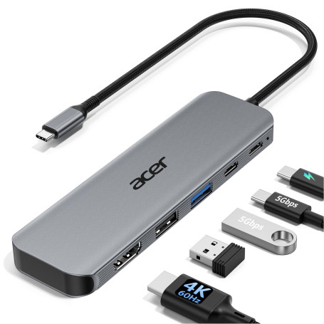 Acer Hub USB C HDMI 4K@60Hz 5 en 1,Adaptateur USB-C vers HDMI | USB A 3.0 et USB-C 5 Gbps, Charge PD 100W, Aluminium+Nylon pour 