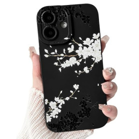 NITITOP Coque pour iPhone 16 Fleur Cerisier Motif, Noir Blanc | Aesthetic Floral Imprimé, Mignon et Esthétique, pour Femmes Fill