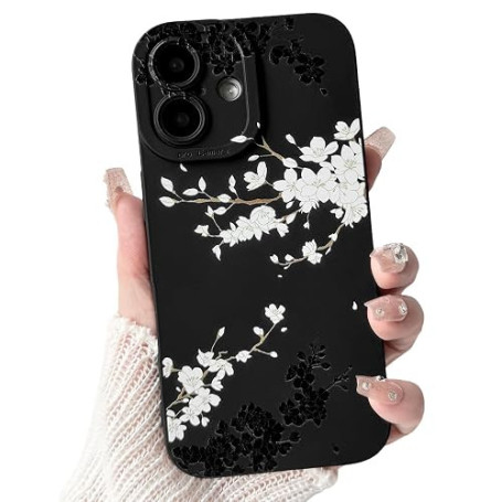 NITITOP Coque pour iPhone 16 Fleur Cerisier Motif, Noir Blanc | Aesthetic Floral Imprimé, Mignon et Esthétique, pour Femmes Fill