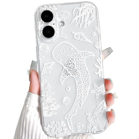 NITITOP Coque pour iPhone 16 Océanique Motif, Poisson Blanc | pour Femme Fille, Mignonne Baleine Coquille, Transparente Aestheti