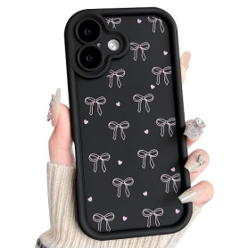 NITITOP Coque pour iPhone 16 Mignonne Bowknot Cœur Motif, Noir | avec Nœud Papillon Motif, pour Femme Fille, Souple Silicone Ant