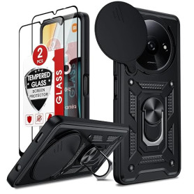 LeYi Coque pour Xiaomi Redmi A3 4G Anneau avec 2*Verre Trempé+Full Protection Caméra Coulissante, Étui de PC Dur et TPU Silicone