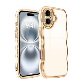 Teageo Coque pour iPhone 16 Bouclée Cadre Protection, Beige | Elégant Bord Doré Galvanisé Vague Anti-Chute Camera Protection Pho