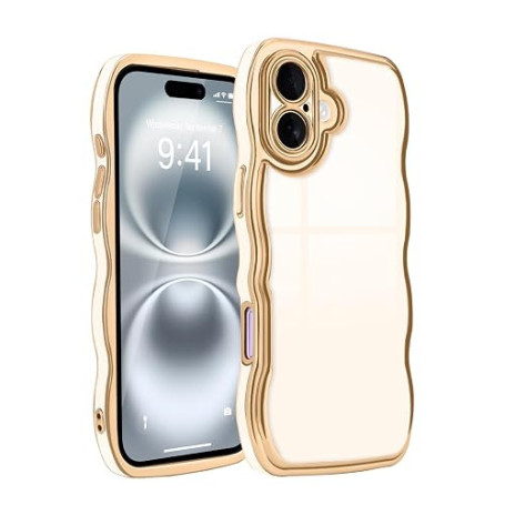Teageo Coque pour iPhone 16 Bouclée Cadre Protection, Beige | Elégant Bord Doré Galvanisé Vague Anti-Chute Camera Protection Pho