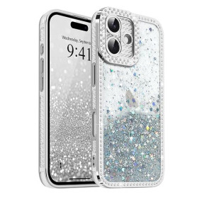 Ethanger Coque pour iPhone 16 Transparente, Argent | Glitter Cœur Paillettes avec Cristal de Luxe Brillant Diamants Coque pour F