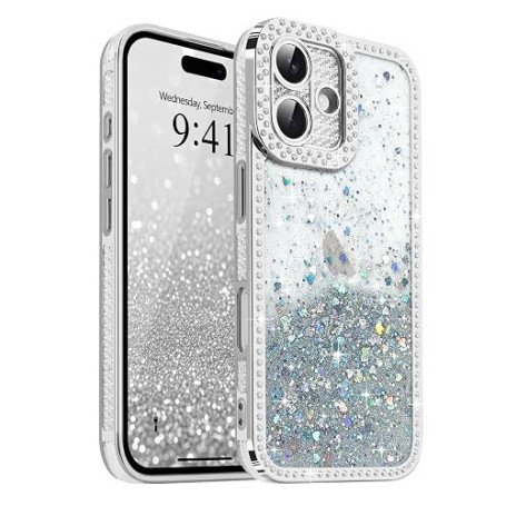 Ethanger Coque pour iPhone 16 Transparente, Argent | Glitter Cœur Paillettes avec Cristal de Luxe Brillant Diamants Coque pour F