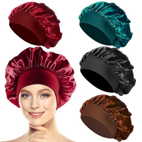 PAEFIU 4 Pcs Bonnet Satin Cheveux Nuit, Bonnet de Sommeil Femme Élastique pour Le Soin des Cheveux(Noir,Cyan,Café,Vin Rouge) | S