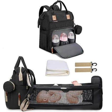 Fexkean Sac à Dos à Langer pour Bébé,Sac à Dos Pour lit bébé,Sac à langer de voyage portable avec lit pliable Sac à Couches Mult
