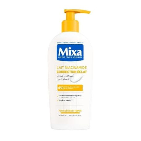 Mixa Lait Niacinamide Correction Éclat Peau Sèche Karité Vitamine C 250ml | Hydrate 48h, Unifie teint irrégulier, Hypoallergéniq