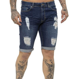 989Zé ENZO Short en Jean Stretch Slim fit pour Homme, Jean troué, Pantalon à Trous cassés avec Fermeture éclair