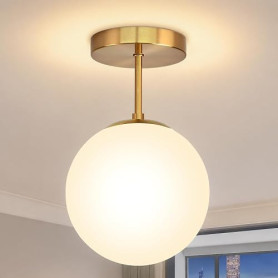Plafonnier en Verre Suspendu, E27 Doré Lustre Abat-Jour Globe Blanc, D20CM | Plafonnier Salle de Bain IP44 Étanche, Lampe de Pla