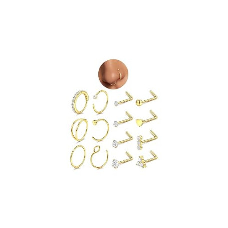 CASSIECA 14Pcs 20G Piercing Nez Acier Chirurgical Piercing Nez en Forme de L avec Zircone Piercing Anneau Nez Faux Piercing pour