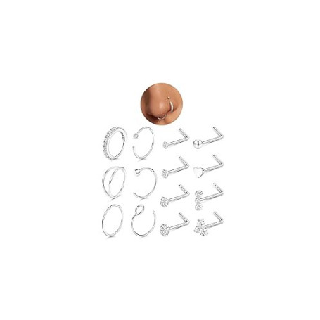 CASSIECA 14Pcs 20G Piercing Nez Acier Chirurgical Piercing Nez en Forme de L avec Zircone Piercing Anneau Nez Faux Piercing pour