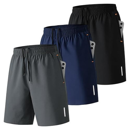 SHAGGA Lot de 3 shorts de sport légers à séchage rapide pour homme, entrejambe 7 avec poches zippées pour course à pied, fitness