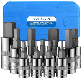 VORXEON 13Pcs Jeu de Douilles Allen 1/2 3/8 1/4 Douille à six pans 2mm à 14mm Set de embouts mâle à 6 pans en CRV Douille hex Do