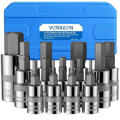 VORXEON 13Pcs Jeu de Douilles Allen 1/2 3/8 1/4 Douille à six pans 2mm à 14mm Set de embouts mâle à 6 pans en CRV Douille hex Do