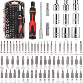 Amazon Basics Ensemble clés magnétiques à cliquet et tournevis de précision pour l'électronique, 73 unité, lot de 1, Argent, Noi