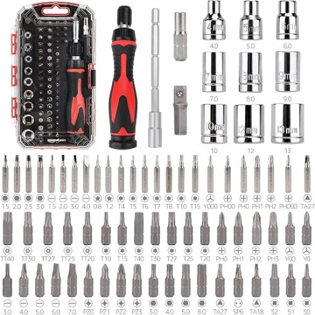Amazon Basics Ensemble clés magnétiques à cliquet et tournevis de précision pour l'électronique, 73 unité, lot de 1, Argent, Noi