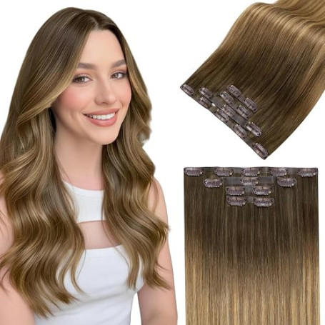 LaaVoo Extension Cheveux Naturel Clip Invisible Marron a Brun Clair Balayage Extension Clip Cheveux Naturel Humain Invisible Omb