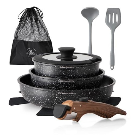 Kitchen Academy Lot de 10 Casseroles et Poêles,Poignée Amovibl,Noir | Couvercles en Verre et Revêtement en Marbre et Revêtement