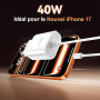 40W Chargeur USB C Rapide pour iPhone 17/17 Pro/17 Pro Max/17 Air, iPhone 16/15, Adaptateur Secteur Prise USB C et Câble 2M, Pow