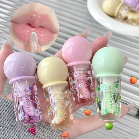 Fruity Lot de 4 baumes à lèvres hydratants avec grand pinceau applicateur Maquillage hydratant brillant à lèvres hydratant pour