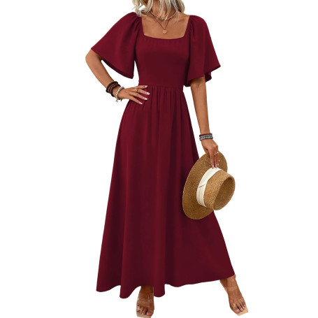 Robe Longue Femme Élégante Col Carré Vintage Maxi Ligne A Taille Haute | Robes Manches Longues/Manches Courtes Robe Maxi Volante