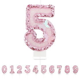 Bougies d'anniversaire Numéro 5,3D Rose Bougie Chiffre 5,Papillon Decoration Gateau Anniversaire,Bougies Scintillantes Gâteau To
